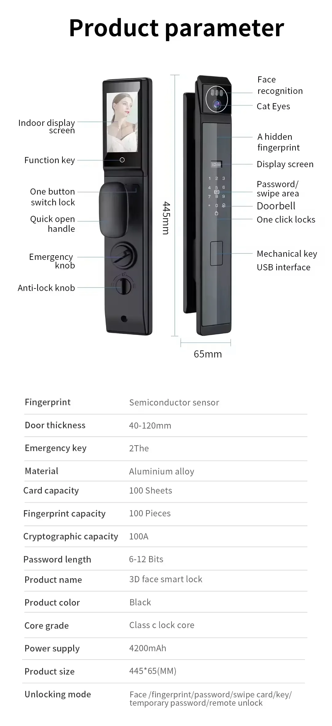 WIFI TUYA 3D Face Recognition Smart Door lock Support Facial, fingerprint,password, code,  keys and Video Intercom Functions