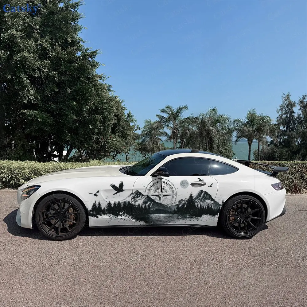 

Black Compass Mountain Forest Splash Car Side Wrap, Self-Adhesive PVC Waterproof & Scratch-Resistant Sticker, Car Accessory Gift
