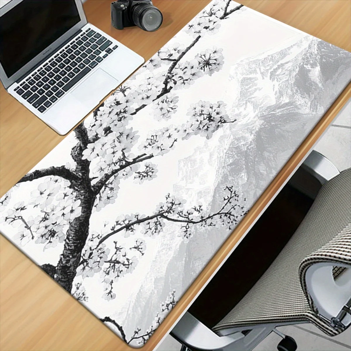 1pc Mutiple Sizes Cherry Blossom and Mountain Desk Pad - Black and White High-definition Printing, Gaming Mouse Pad, Ideal Gift