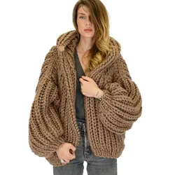 Cardigan da donna con cappuccio stile ampio e pigro, maglione lavorato a maglia ad ago fatto a mano