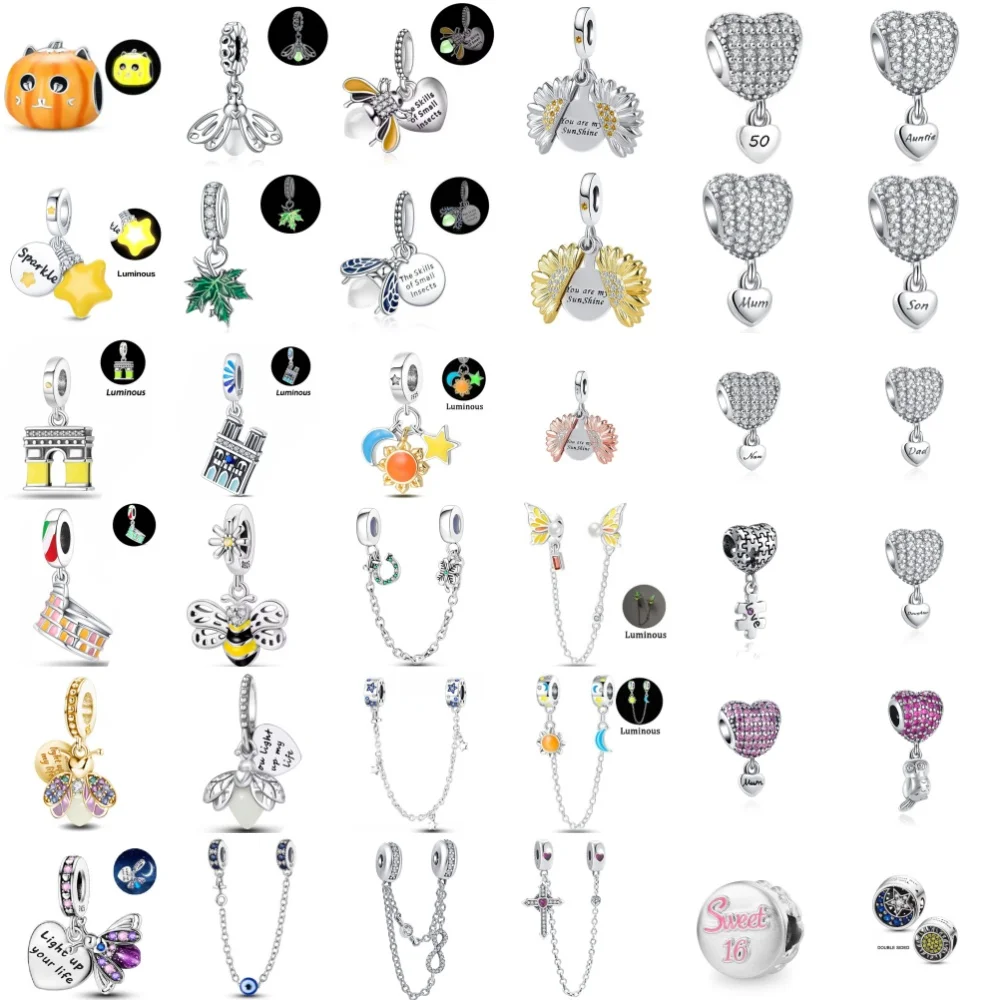 925 Silver,Pumpkin,Heart shaped Beads Firefly Pendant Cross Safety Chain Fit Original Bracelet DIY Accessories Exquisite Jewelry
