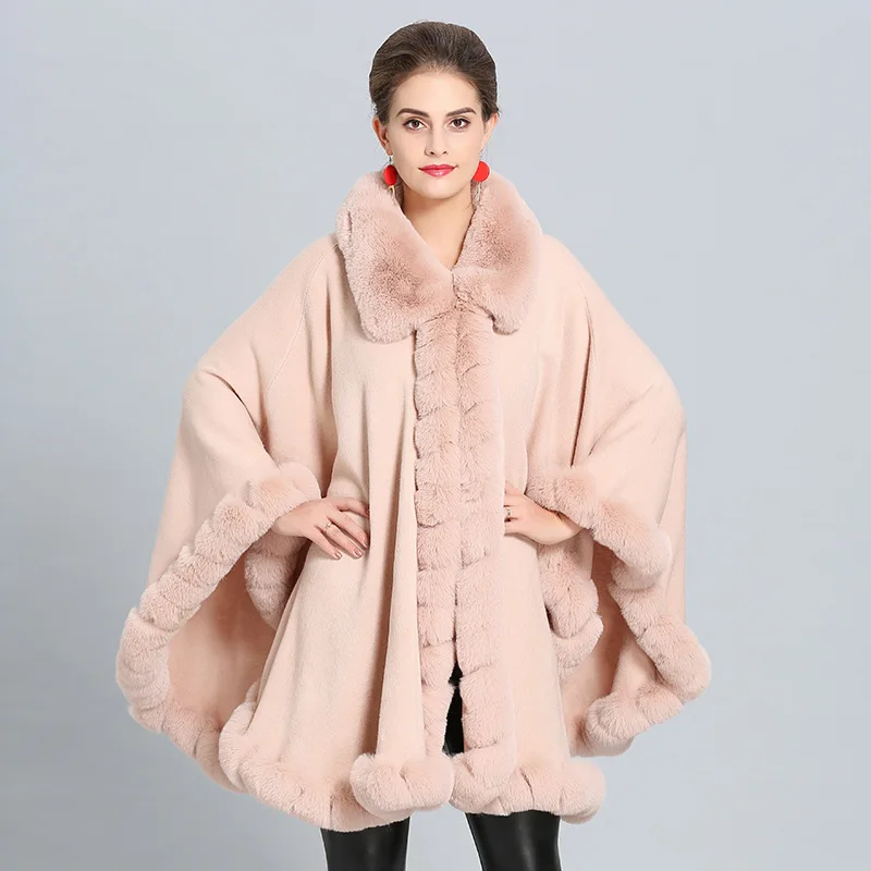 Loose Elegant Faux Rex Rabbit Fur Coat Cape Cloak Fall Winter Women Knit Overcoat Lapel Poncho Mantle Big Size Outwear