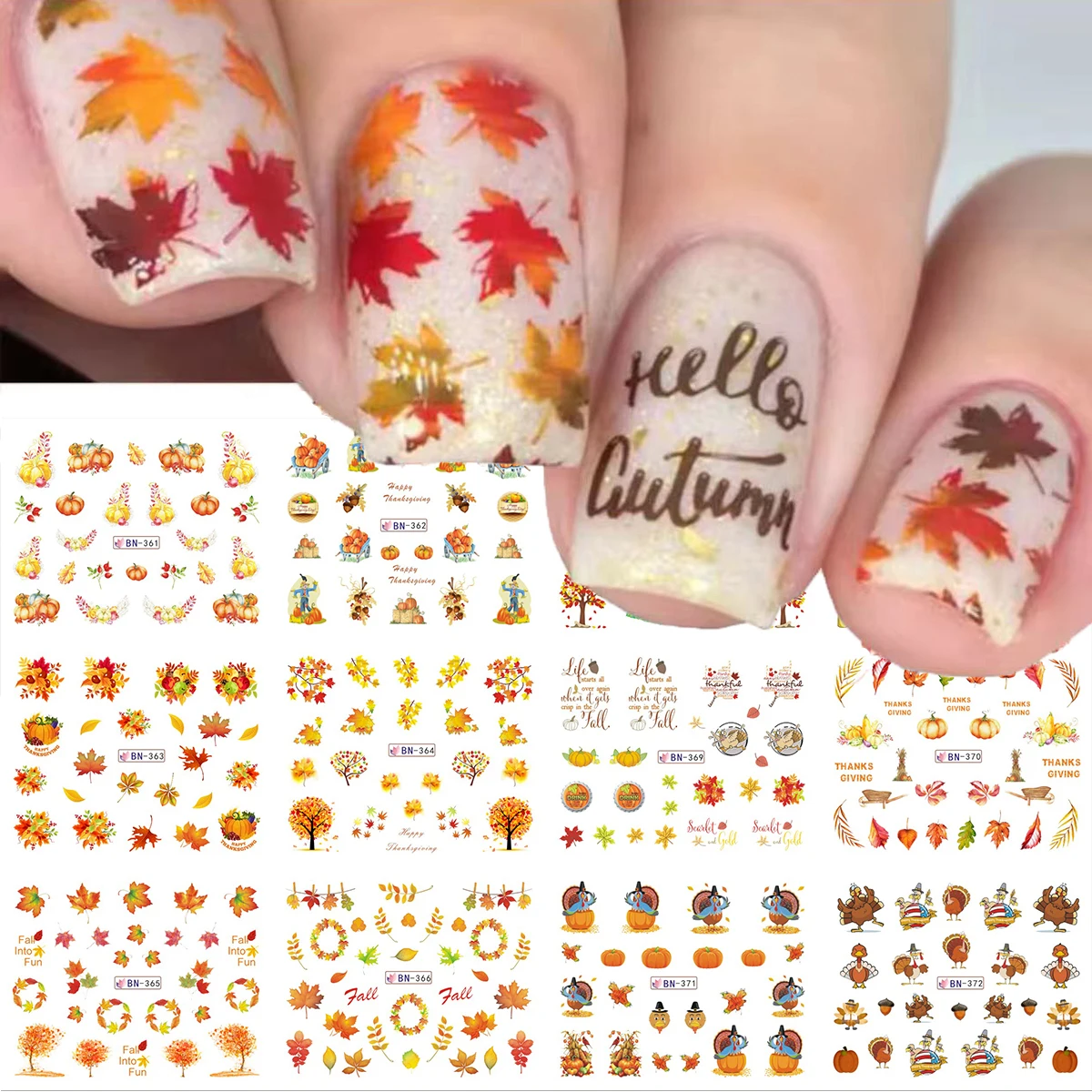 12-Designs Autumn Maples Leafs Pumpkins 3d Water Transfer Nail Stickers Nail Decals Manicure DIY
