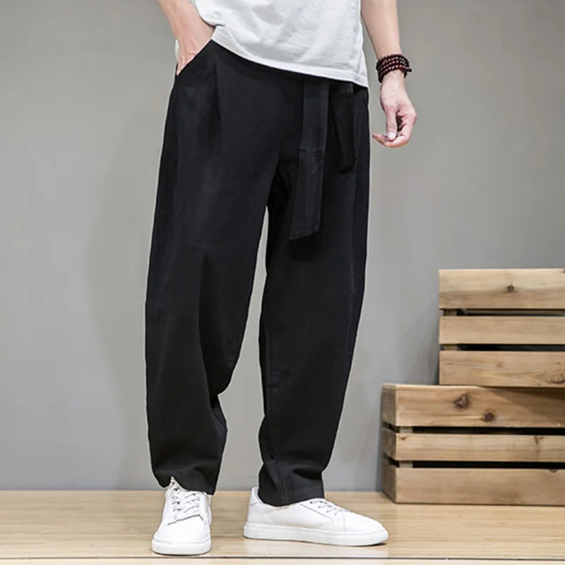 Pantalones bombachos de lino y algodón para hombre, pantalón informal de cintura elástica, holgado, tradicional chino, Primavera