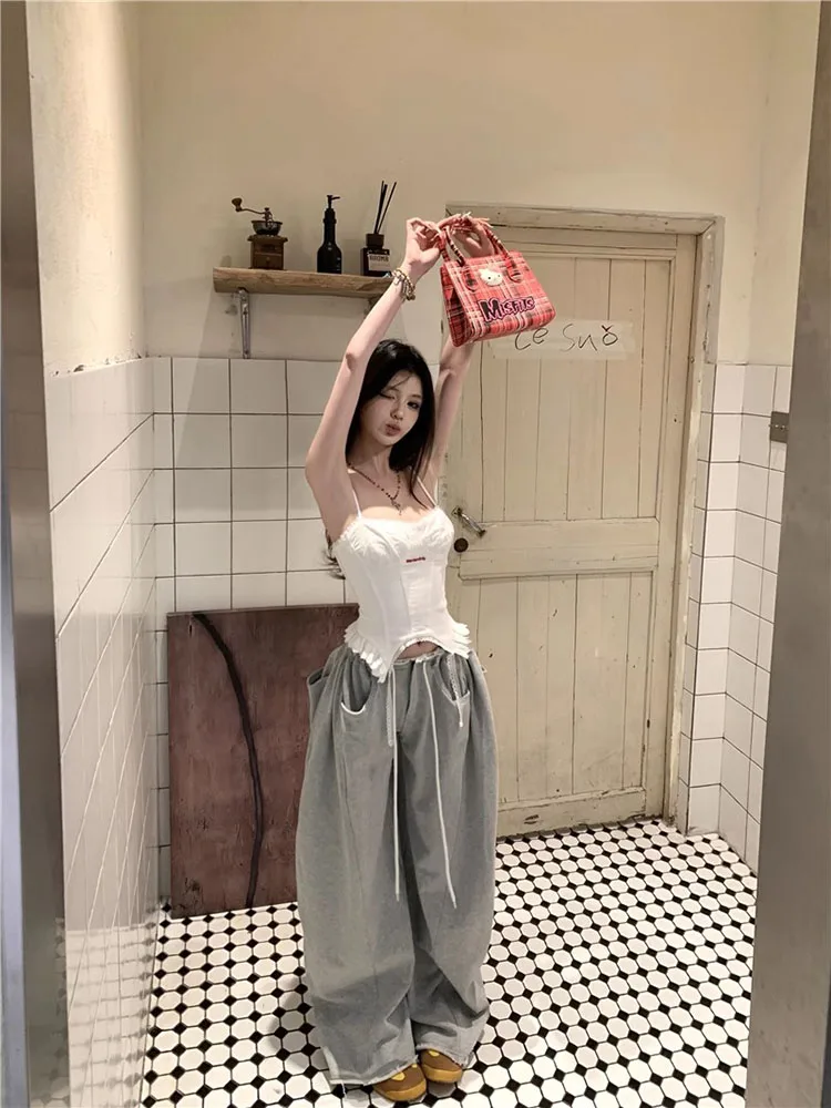 Koreanische Sle Faion Set Frauen Sommer 2025, Neue Unregelmäßige Riemen und Breite Bein Hosen Zwei Stück Set Chic Ele Lange Hosen