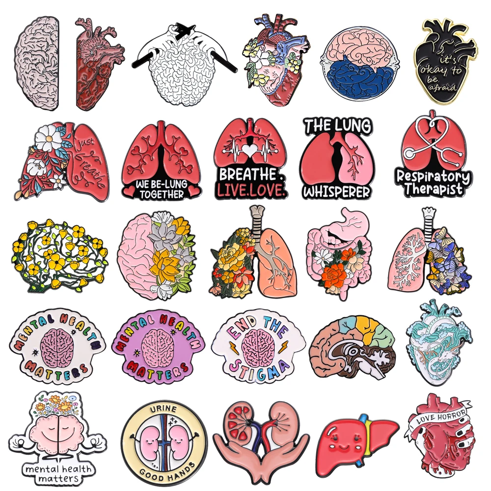 Cartoon Medical Organ Brooch Brain Flower Heart Lung Kidney Large Intestine Cardiovascular System Medical Badge Punk Pin Jewelry