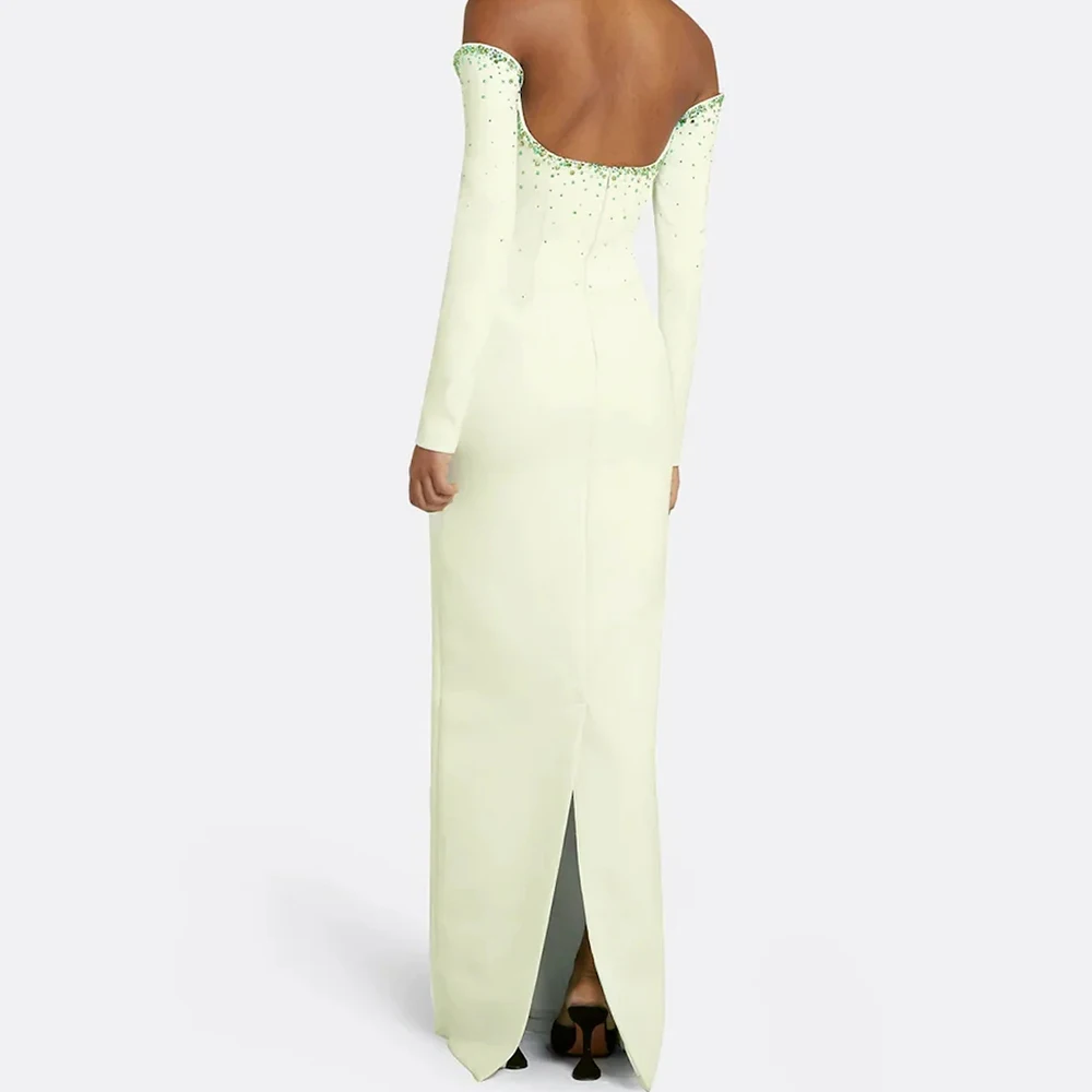 Women's Straight Evening Dresses Floor-length Off The Shoulder Full Sleeve Prom Gown Fashion Crystal Backless Customized Gowns