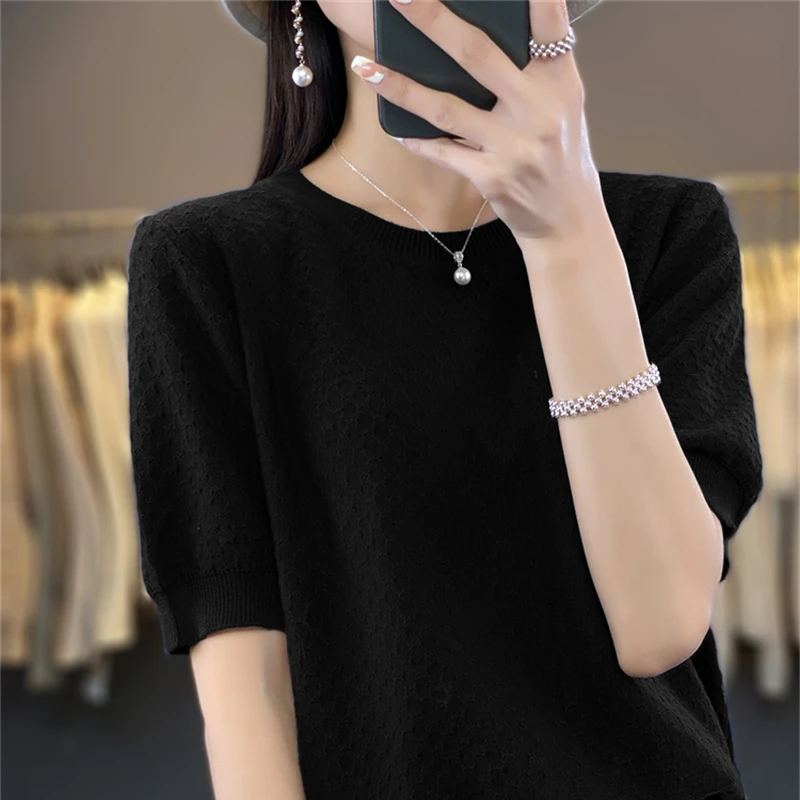 Women\'s T-shirt Summer 100% Cotton Sweater Short Sleeve Solid Color Round Neck Ladies Tops Loose Blouse Basic Pullover Tees