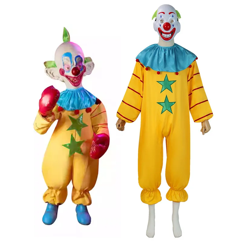 Lustige Clown Cosplay Kostüm Zirkus Clown Kleidung Halloween Party Overalls Maske Handschuhe Outfit für Frauen Männer Bühnen performance