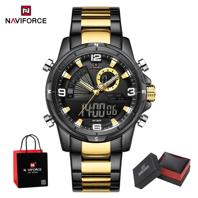 NAVIFORCE Men Dual Display Watch 3ATM Waterproof Luminous Hands Stainless Steel Strap Military Sports Wristwatch Gifts Box view 5