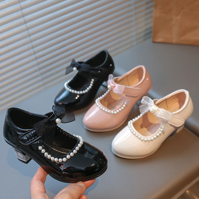 

Kids'Casual Shoes PU Leather Shoes Pearl Bow Princess Spring Shoes For Girls Hook and Loop Black Beige Shoes Size 26-36