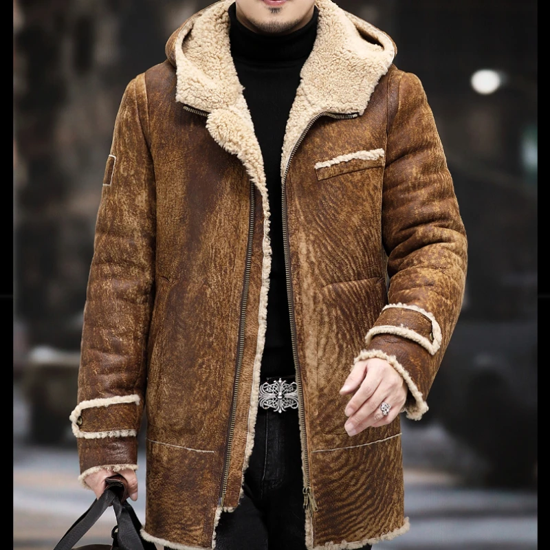 

Natural Fur Integrated Winter Warm Coat Mens Long Hooded Genuine Leather Jacket Men's Real Wool Fur Overcoat Plus Size L - 5XL