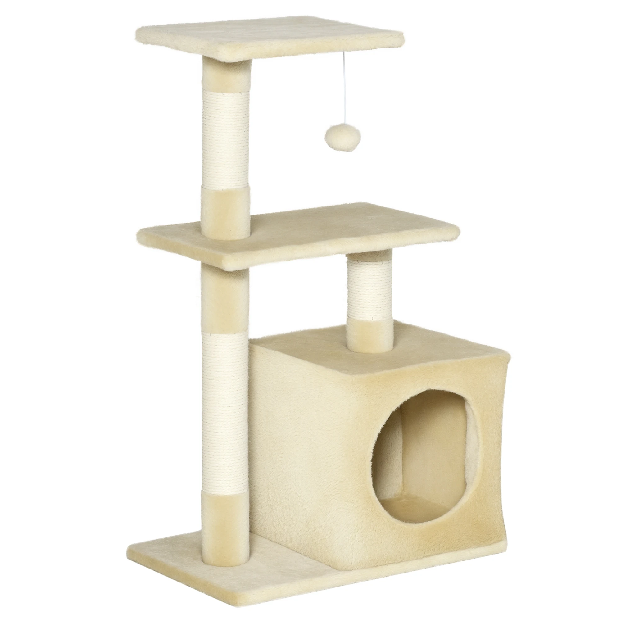 PawHut Arbre à chat hauteur 81,5 cm tour de jeux pour chats avec poteaux en sisal, 2 plates-formes, niche, balle, tissu peluche, multi-niveaux idéal pour chat 4,5 kg, beige