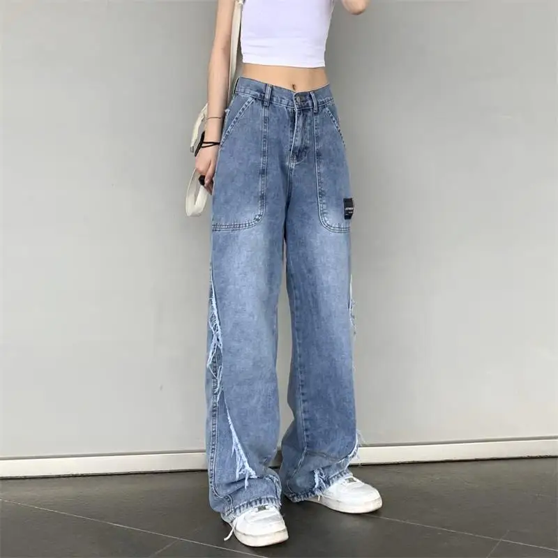 Oversized Jeans Women Design Tassel Raw Edge Straight Denim Pants Autumn New High Waist Loose Wide Leg Trousers Streetwear