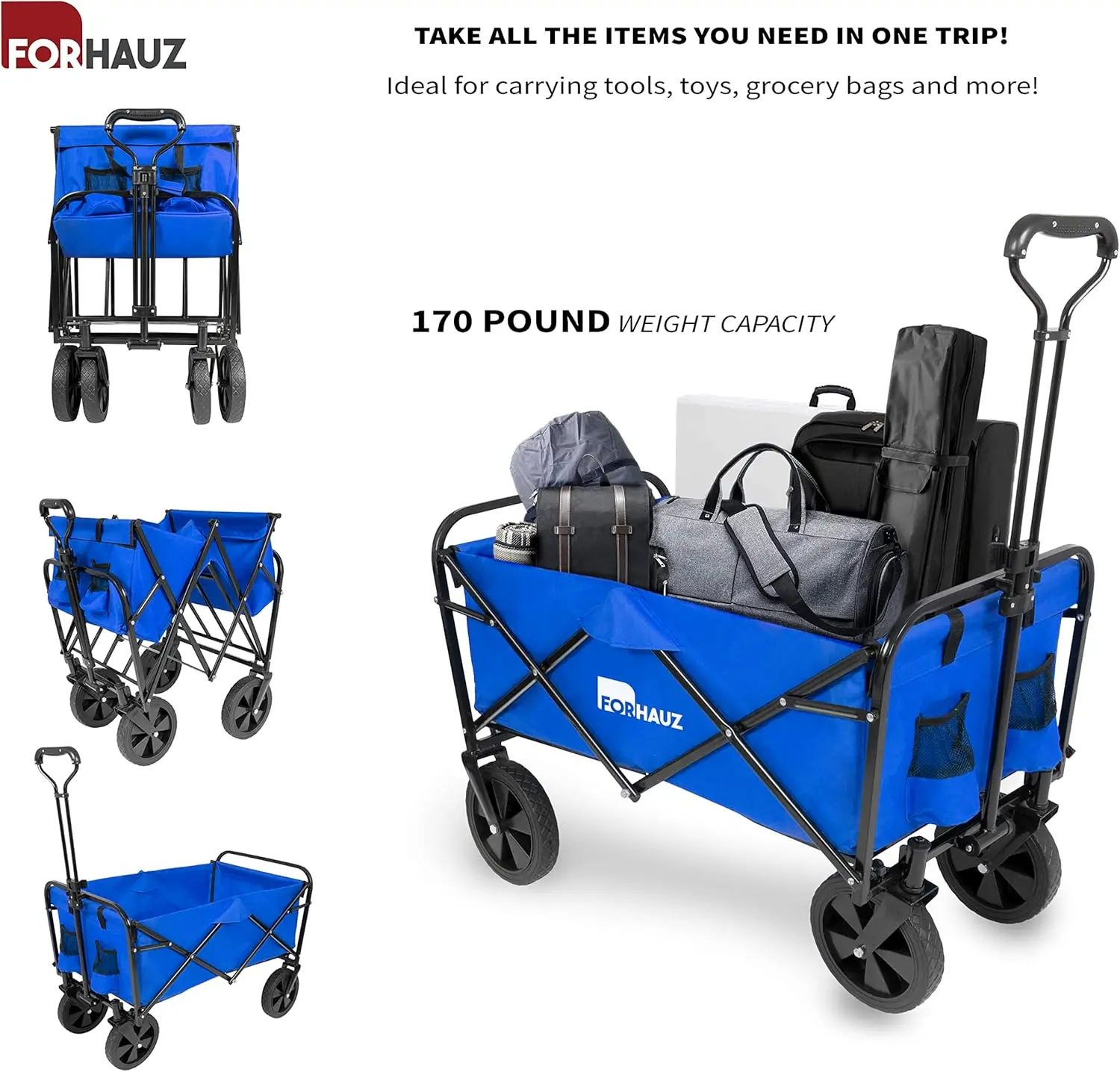 

Folding heavy-duty handcart with all-terrain wheels, suitable for outdoor, beach, and garden use, blue.