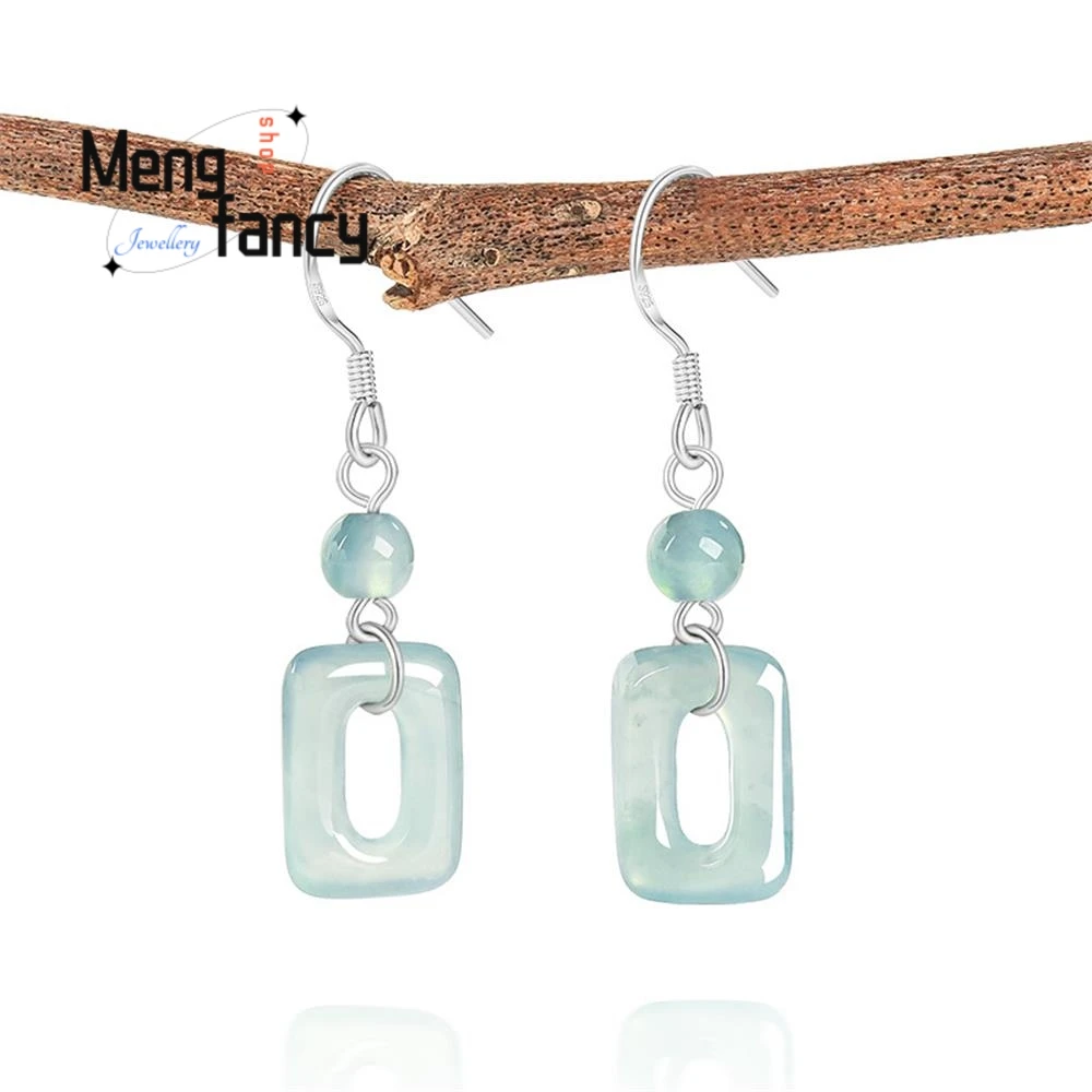 

Natural A-grade Jadeite Blue Water Square Geometric Earrings S925 Silver Inlaid Ice-type Jade High-grade Luxury Fashion Jewelry