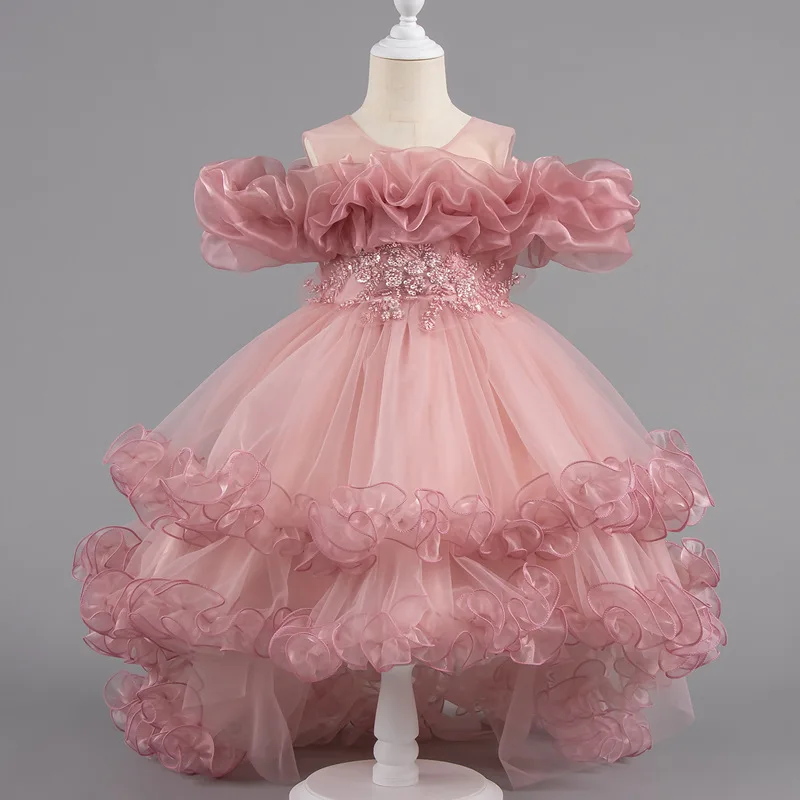 

New Girls' High-end Shoulder Wedding Dress Flower Girl Princess Dress Foreign Trailing Fluffy Dress Cross-border