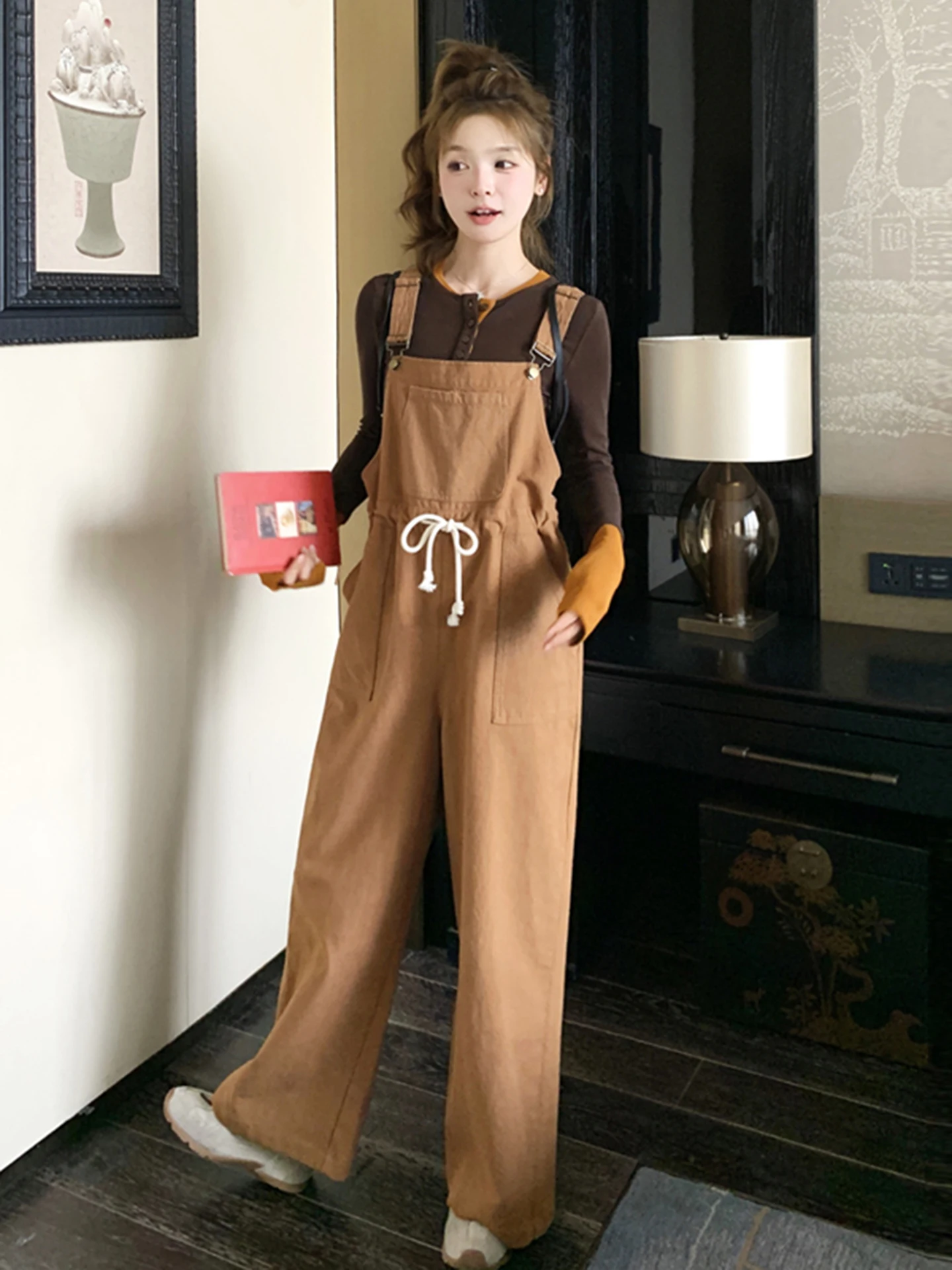 

Корейские женские комбинезоны-брюки цвета хаки с высокой талией, прямые, весна-осень, новый дизайн, уличный стиль, облегающие, цельные