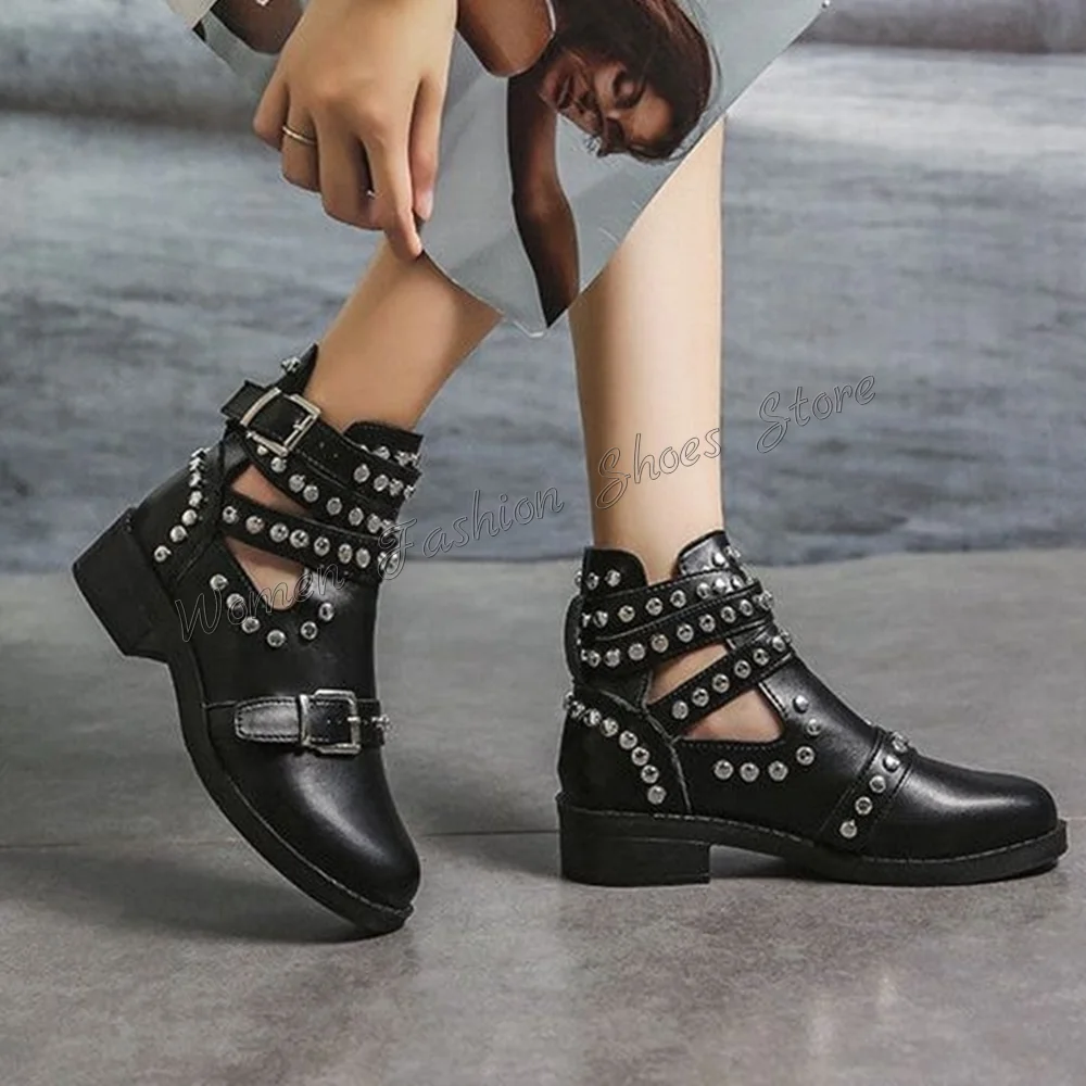 Black Rivet Decor Matte Leather Boots Chunky High Heels Buckle Decor High Heel Shoes for Women Heels 2024 New Zapatos Para Mujer