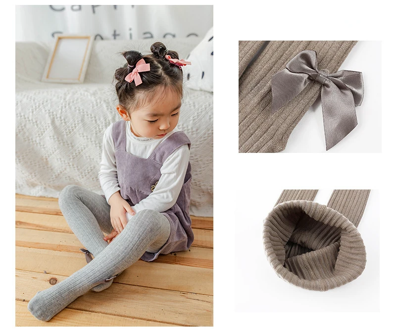 0-12 Years Old Children\'s Socks Autumn and Winter Baby Girl Leggings Vertical Stripe Solid Color Crotch Big Bow Girl\'s Pantyhose