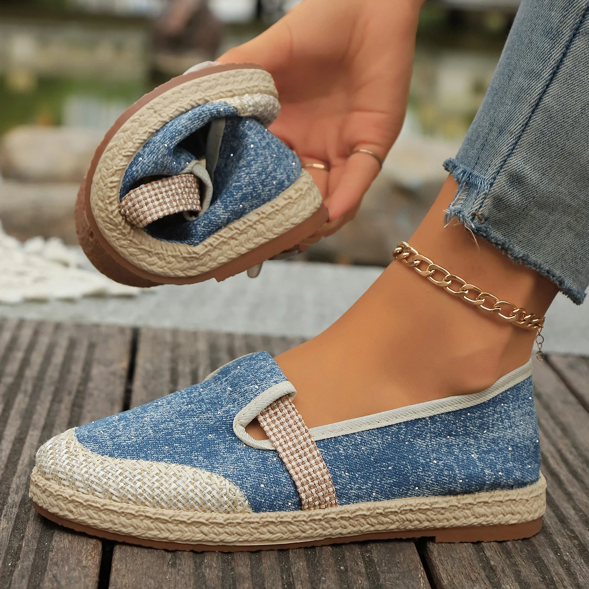 Mocasines planos de lona de lino a rayas para mujer, mocasines informales cómodos de estilo vegano, color gris y azul, novedad de 2024