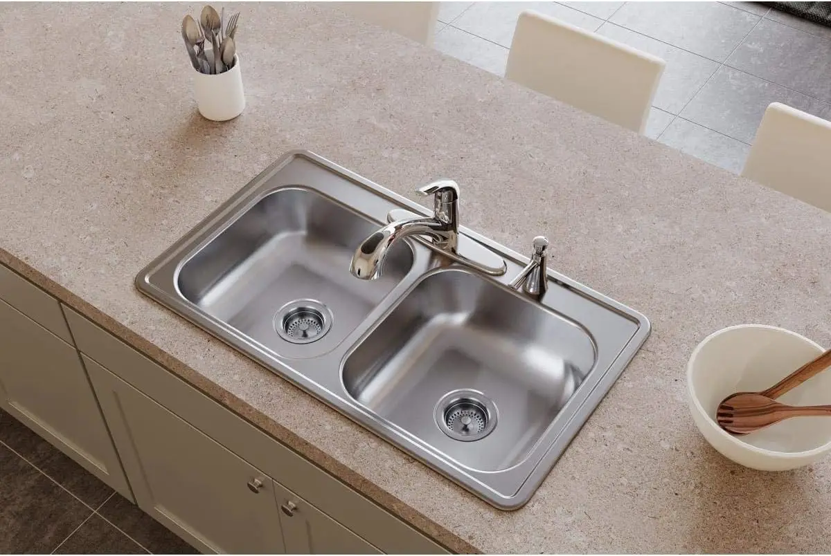 D233193 Dayton Equal Double Bowl Drop-in Stainless Steel Sink, 33 x 19 x 6.5
