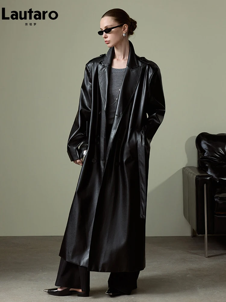 Lautaro Black PU Leather Trench Coat Women X-Long