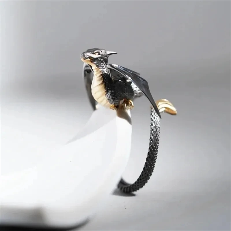 Anel aberto de dragão escuro masculino, escultura fina, cauda longa, asas, motocicleta, legal, bonito, hip hop, festa de rock, legal, Europa e América