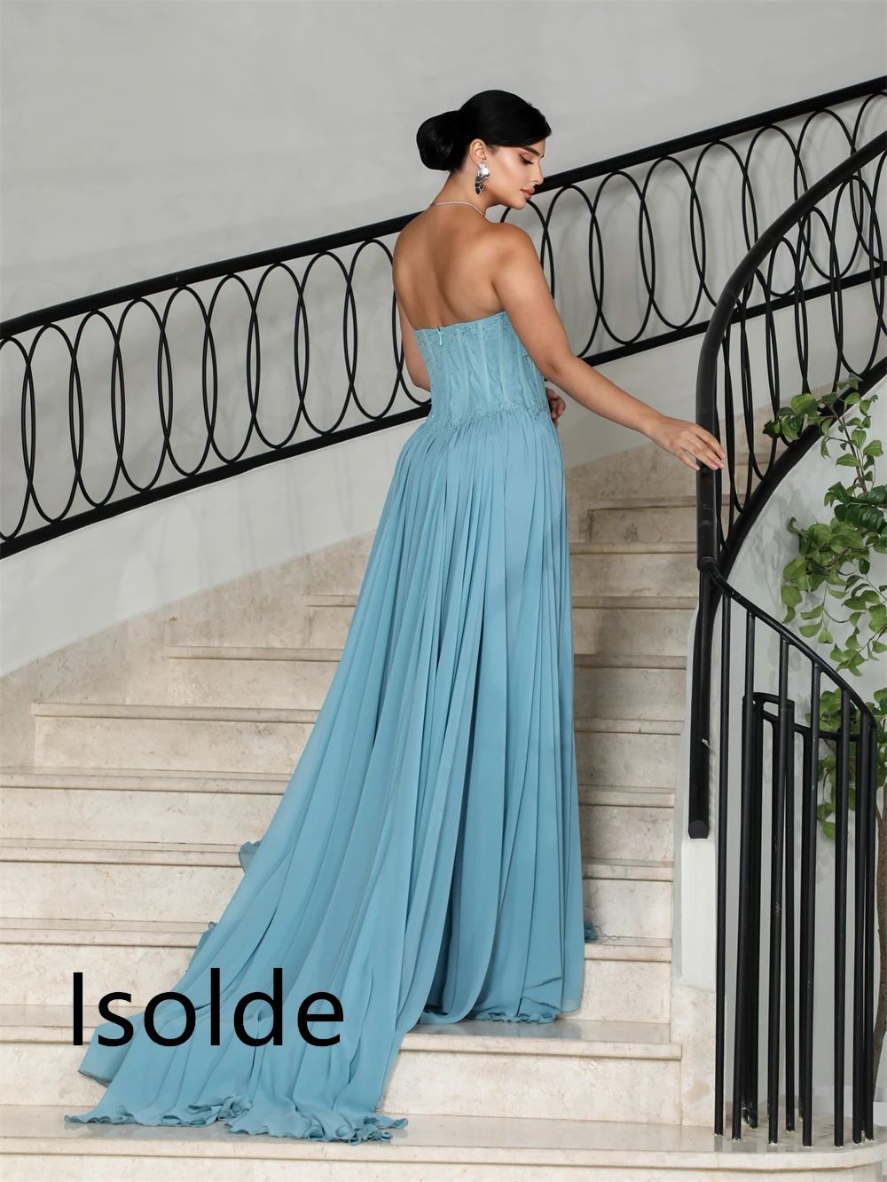 Vestido de noche de gasa azul suave personalizado, exquisitos vestidos de fiesta sin mangas sin tirantes, vestidos formales para ocasiones especiales