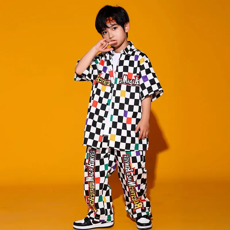 เด็ก Hip Hop แสดงเสื้อผ้า Checkered เสื้อแขนสั้น Street สวมกางเกงสําหรับหญิงแจ๊สเต้นรําเครื่องแต่งกายชุดเสื้อผ้า