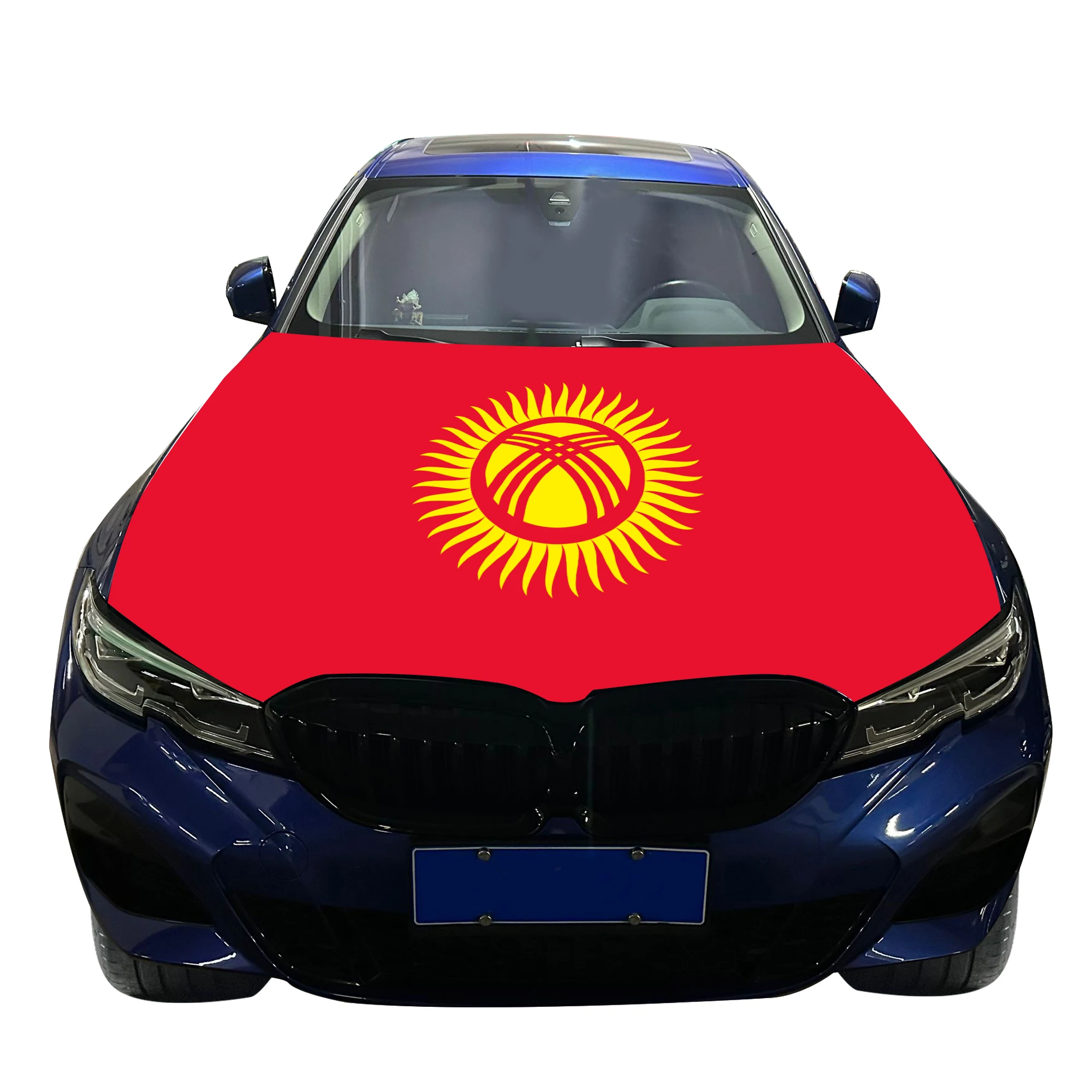 Kyrgyzstan Car Hood Cover Flag  Universal Size Elastic Polyester 120x150cm for Car Decor