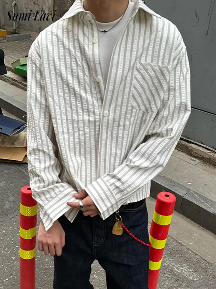 

Spring Fall Casual Mens Striped Printed Shirt Long Sleeve Button-up Turn-down Collar Vintage Shirts Men Daily Leisure Cardigans