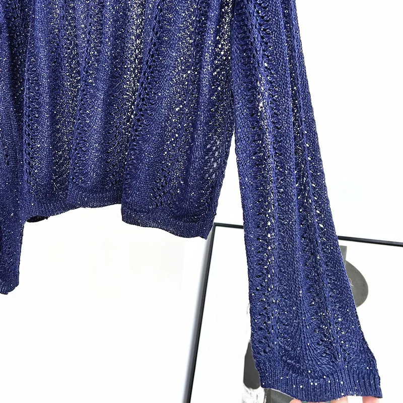 Sommer Mode Frauen Pullover One-Shoulder Kragen Langarm Schwere Hohl Pailletten Lose Dünne Gestrickte Top