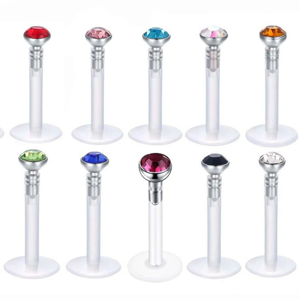 10pcs Acrylic Cubic Zirconia Lip Rings Bioflex Labret Tragus Cartilage Earring Stud Piercing Fashion Body Piercing Jewelry