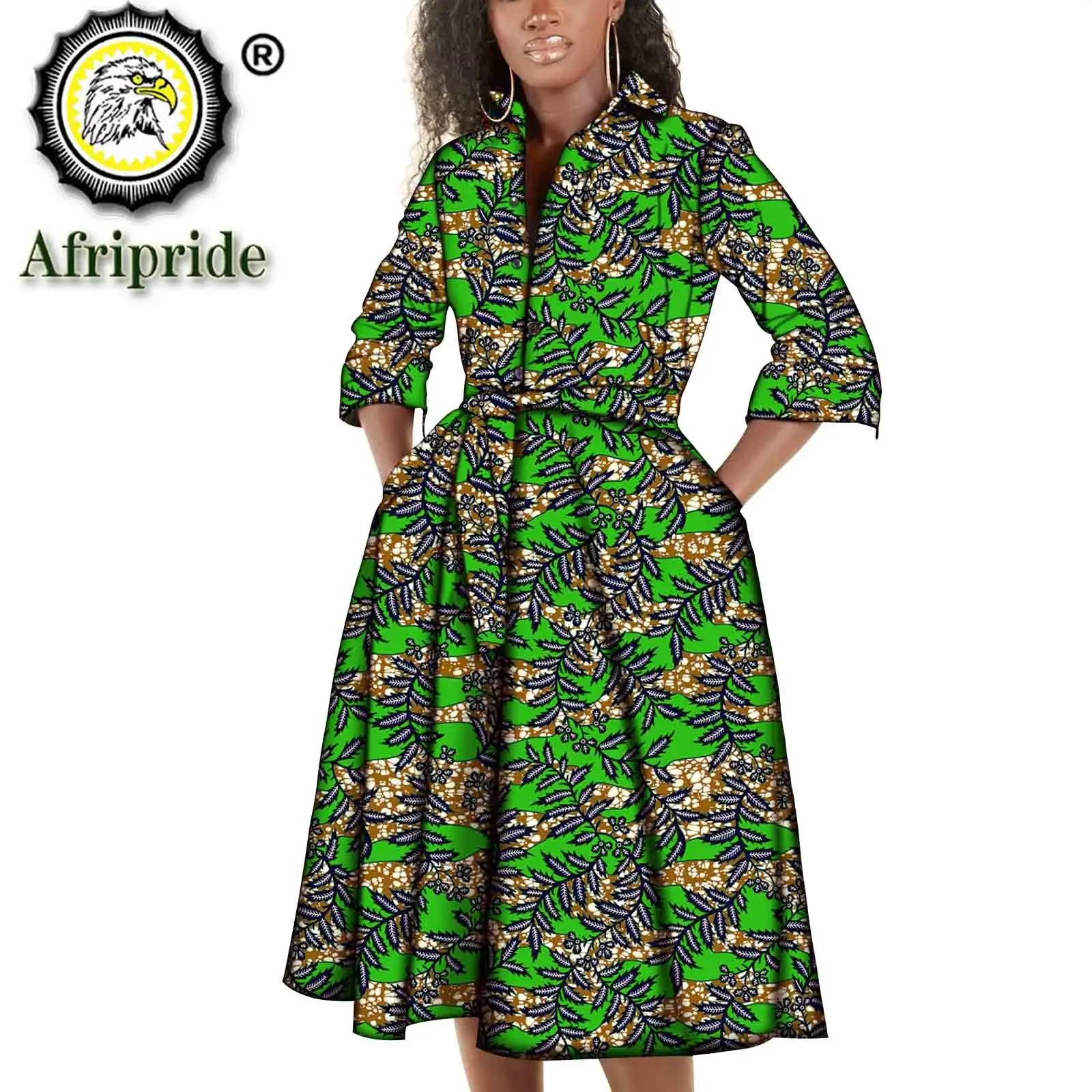 Robe mi-longue à imprimé africain pour femmes, avec ceinture, grande taille, vêtements africains, poches, en coton, Bazin Riche, S2025068