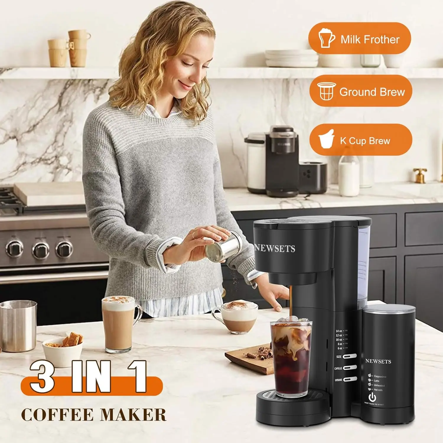 Caffettiera monodose 3 in 1 per tazza K e caffè macinato, caffettiera compatta con montalatte, dimensioni di preparazione 6-14 once, rimozione 28 once