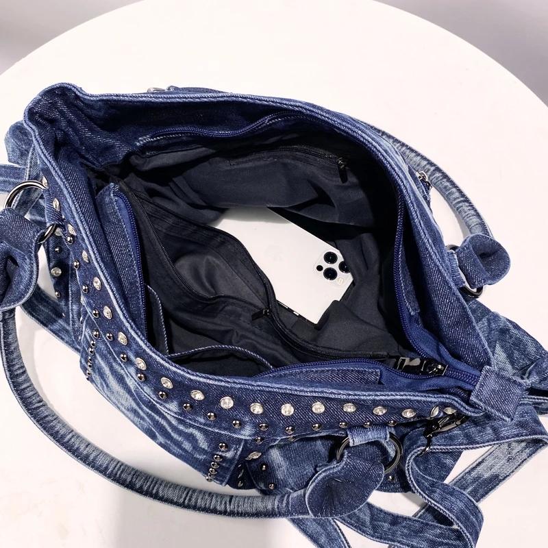 Large Capacity Denim Cloth Tote Bags For Women Luxury Designer Handbag Purse 2024 New In Mosaic Rivet Imitation Diamond Shoulder