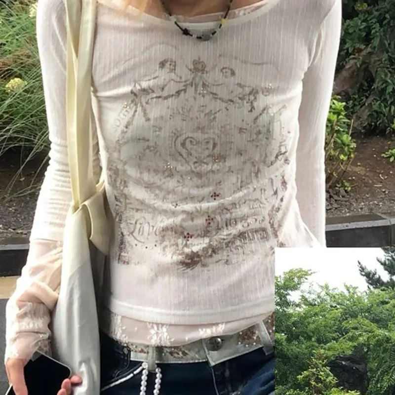 Streetwear Y2k Basic T-shirt Women Aesthetic Mall Gothic Harajuku Casual Grunge Printed Long Sleeve O-neck Tee Top Femme