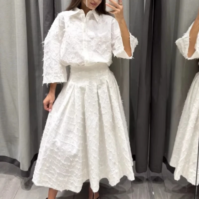 

Women 2 Piece Set Solid elegant white tassel feather buttons Shirts and Elastic Waist maxi skirt dresses Feamle Chic Lady Sets