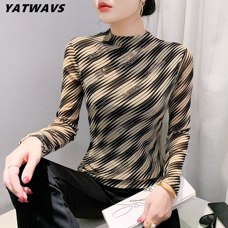 Autumn New European Women T-Shirt Chic Sexy Stand Collar Shiny Diamonds Tops Female Long Sleeve Striped Print Slim Mesh Tees