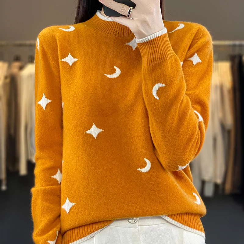 2023 Autumn and Winter New style Cashmere Sweater Women\'s Clothing O-Neck Pullover 100% Merino Wool Jacquard Top Fashion Korean