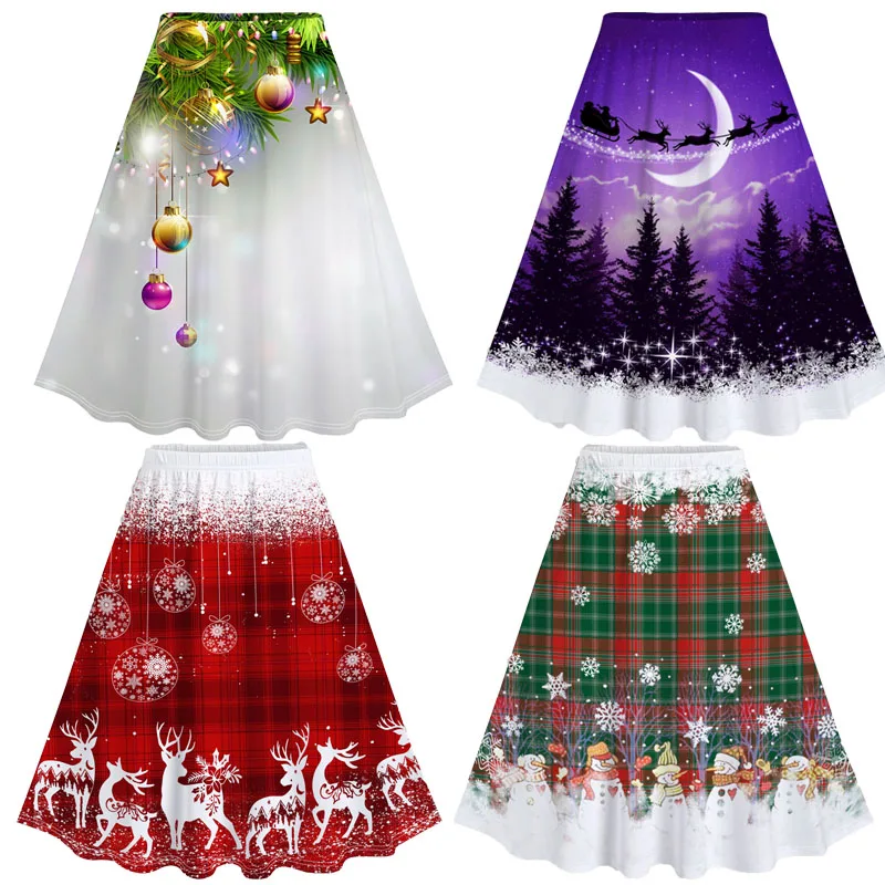 

ROSEGAL Plus Size Women's 3D Printed High Rise Skirt, Christmas Ball Print Skirt, Elk Snowflake Graphic, A Line Skirts S-5XL