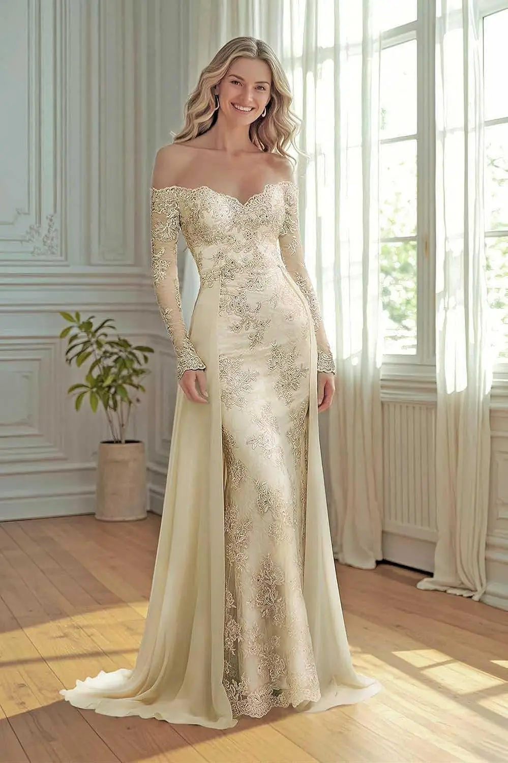 

Off Shoulder Lace Long Sleeves Wedding Guest Dresses Mermaid Floor Length Chiffon Formal Dresses Cocktail