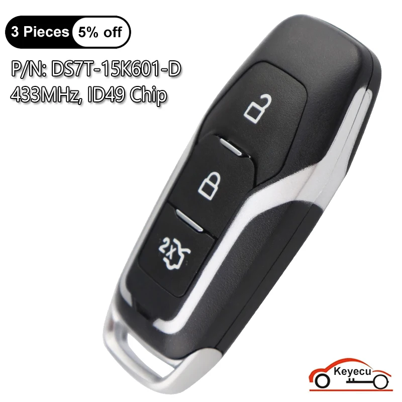 KEYECU 3 przyciski 433 MHz ID49 Chip do Ford Mondeo Edge S-Max Galaxy 2014 2015 2016 2017 2018 Smart Remote Key Fob DS7T-15K601-D