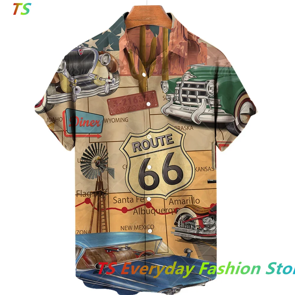 New Summer Hawaiian Men's Shirt Route 66 Street Classic 3d Printed Men Short Sleeve Top Tee Rock Music Lapel Man Clothes