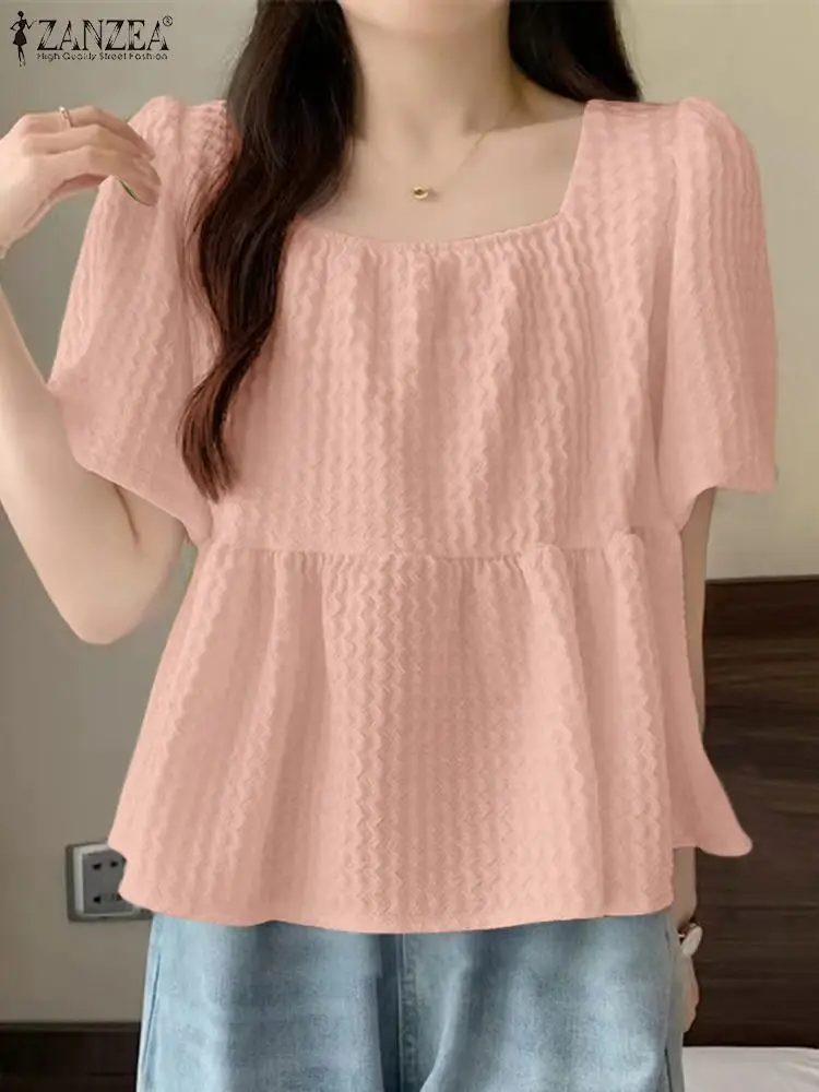 ZANZEA Women Summer Puff Sleeve Pleated Blouses 2024 Textured Short Sleeve Shirt Blusas Solid Party Streetwear Tunic Oversized