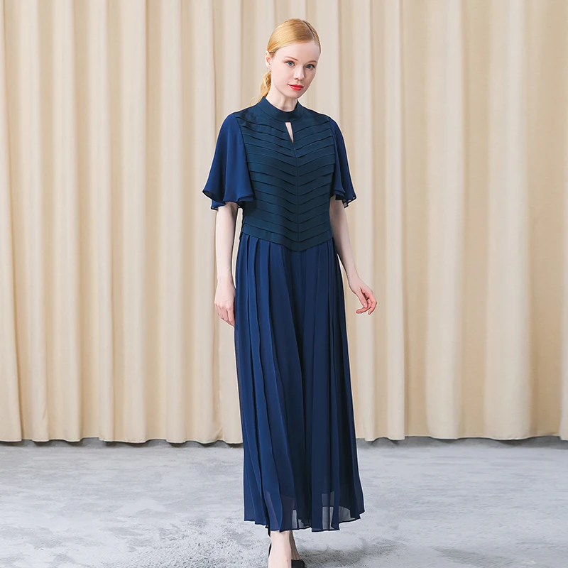 

Love Elegant Silk Navy Blue Envelope Pleated Drop Collar Feifei Sleeve Splicing Long Temperament Slim Big Pendulum Dress AE759