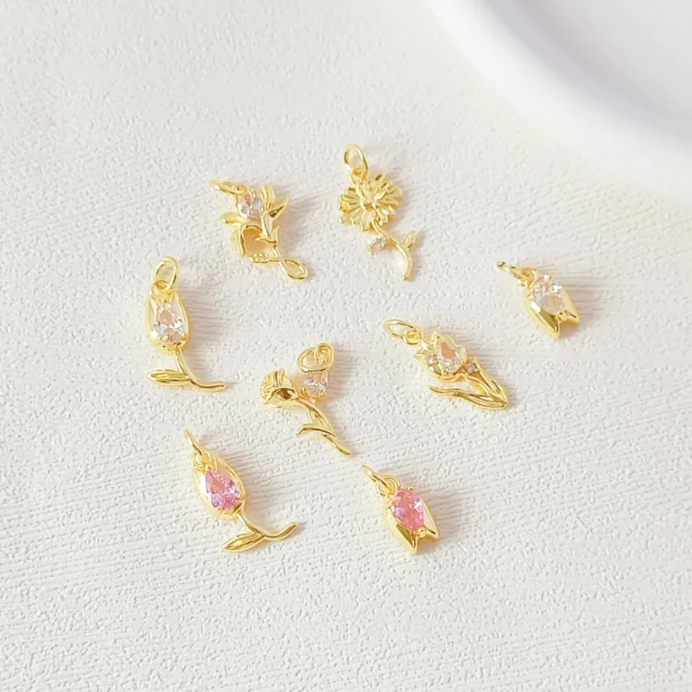 

14K Gold-plated Micro-inlaid Zirconium Crystal Daisy, Tulip and Rose Pendant, Handcrafted Bracelet, Earrings and Pendant