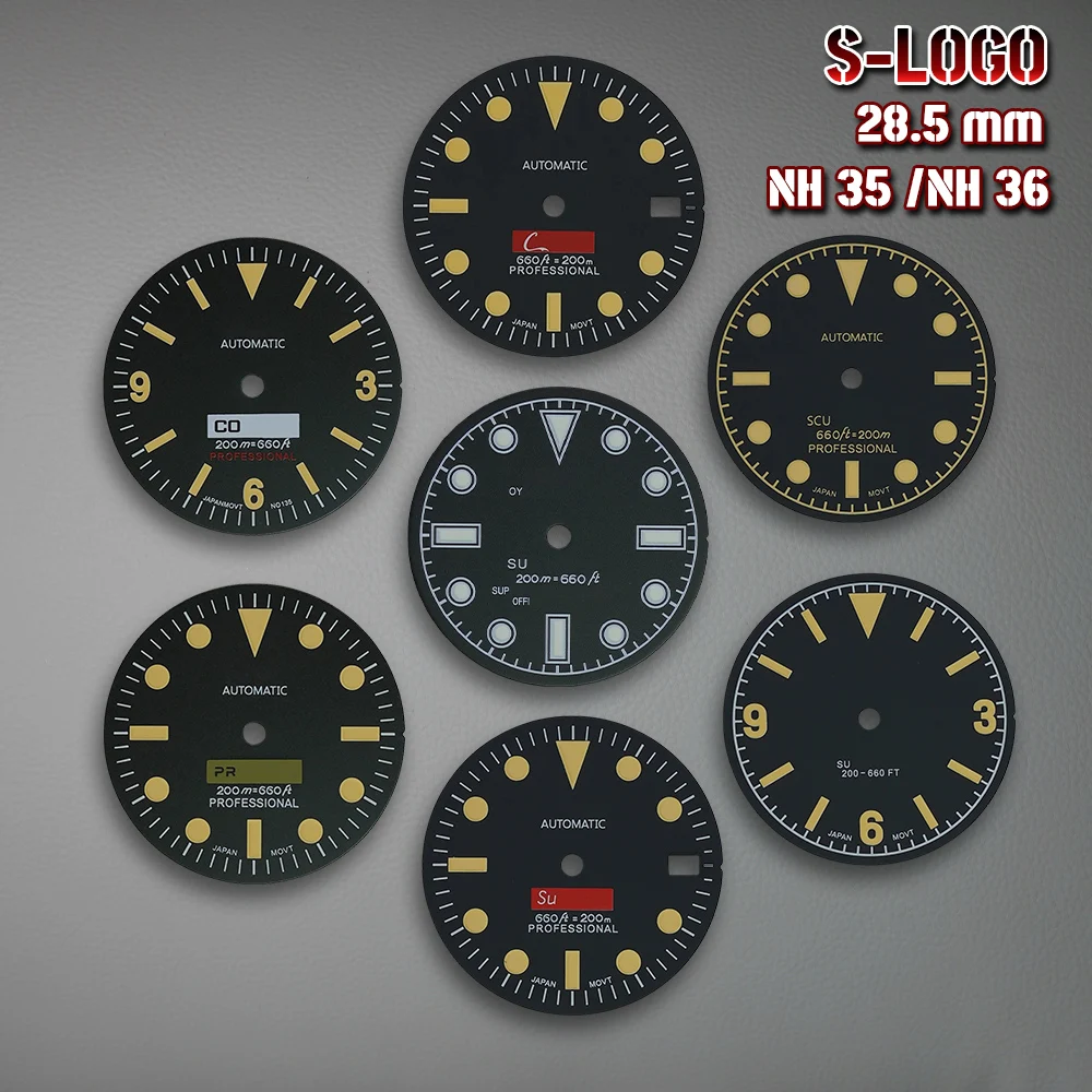 28.5 مللي متر SUB Dial S Dial Skx007 Fit 3/3.8/4.2 الساعة تاج أخضر مضيء ساعات اكسسوارات ل NH35/NH36 الحركة التلقائية