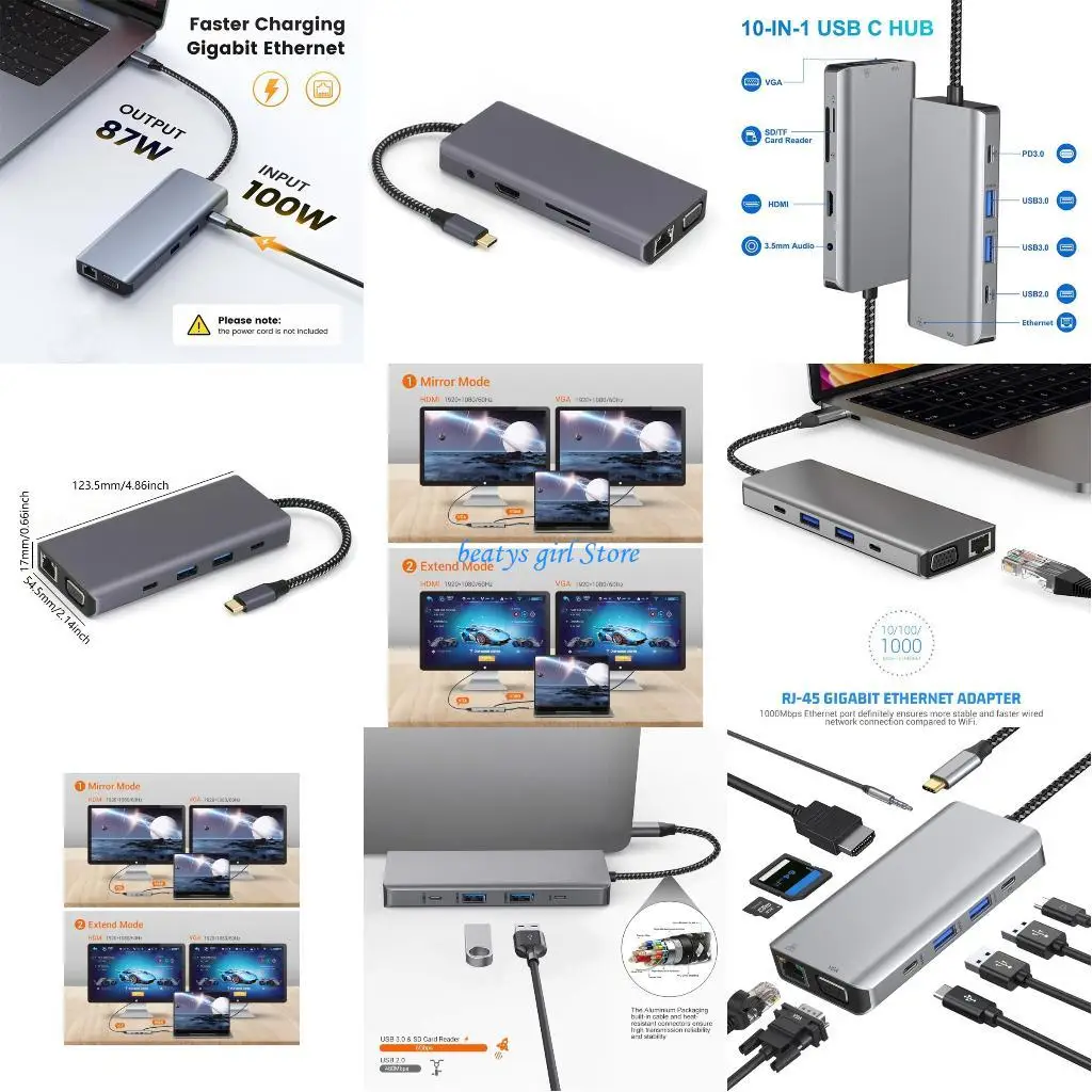 

C7AB USB C TO HDTV VGA Adapter 10 Док -станция расширения порта с RJ45 Ethernet 3,5 мм USB3.0